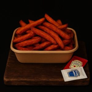 S&uuml;&szlig;kartoffel Pommes mit Ketchup und Mayonnaise